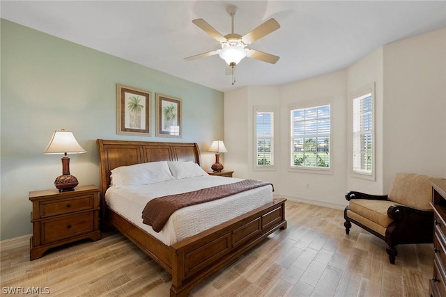 bedroom featuring ceiling fan and light wood-type flooring