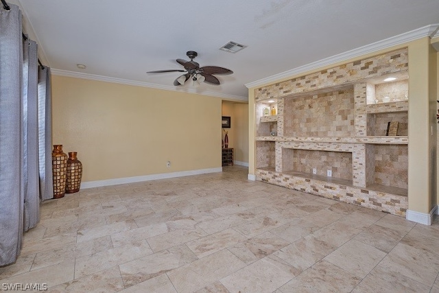 unfurnished living room with built in shelves, ceiling fan, and ornamental molding