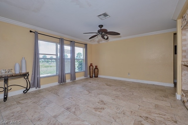 unfurnished room with ornamental molding and ceiling fan