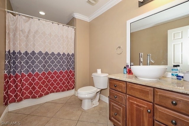 full bathroom with tile patterned flooring, vanity, toilet, crown molding, and shower / bath combo with shower curtain