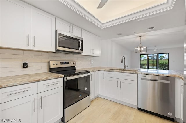 kitchen featuring ceiling fan, kitchen peninsula, sink, white cabinetry, and appliances with stainless steel finishes