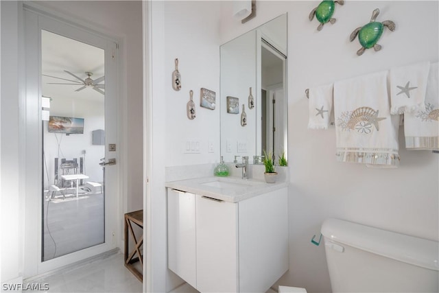 bathroom with ceiling fan, vanity, and toilet