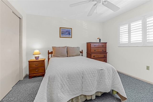 bedroom featuring ceiling fan, carpet floors, and a closet