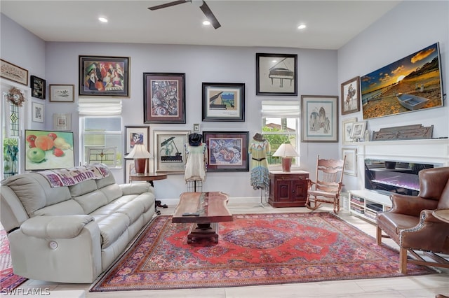 living room with ceiling fan