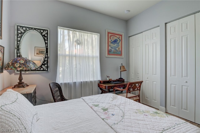 bedroom featuring hardwood / wood-style floors and two closets