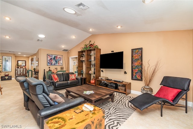 tiled living room with lofted ceiling