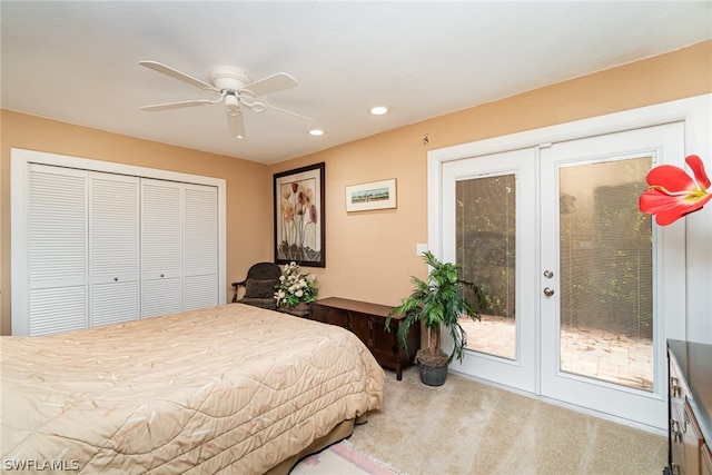 carpeted bedroom with a closet, ceiling fan, french doors, and access to outside