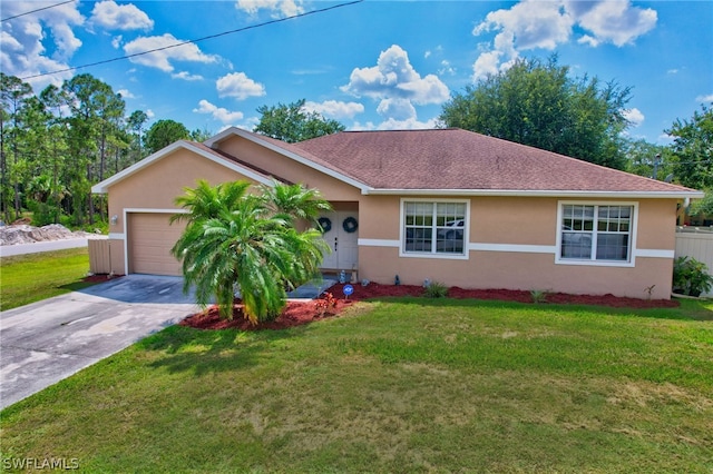 ranch-style home featuring a garage, concrete driveway, a front lawn, and stucco siding