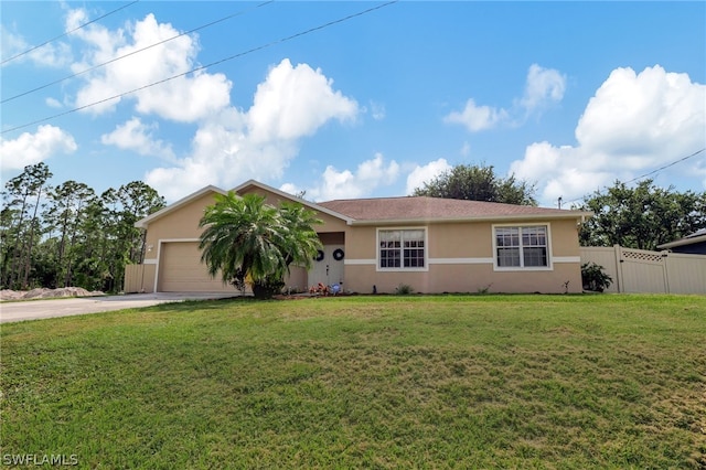 ranch-style home featuring stucco siding, an attached garage, a front yard, fence, and driveway