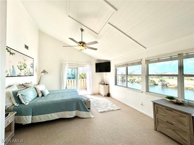 carpeted bedroom featuring ceiling fan, wood ceiling, and vaulted ceiling