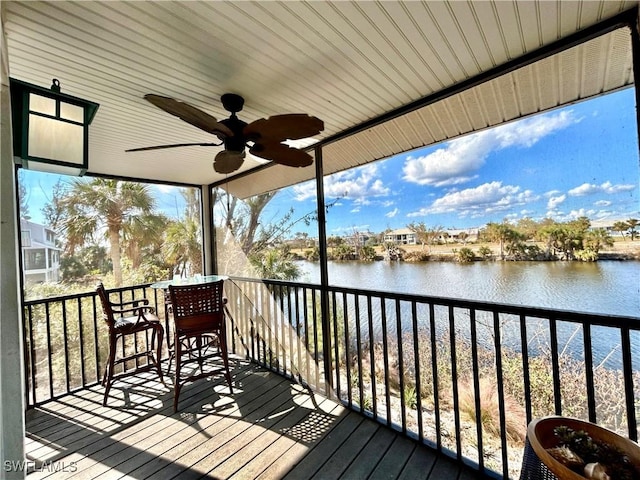 wooden deck featuring a water view and ceiling fan