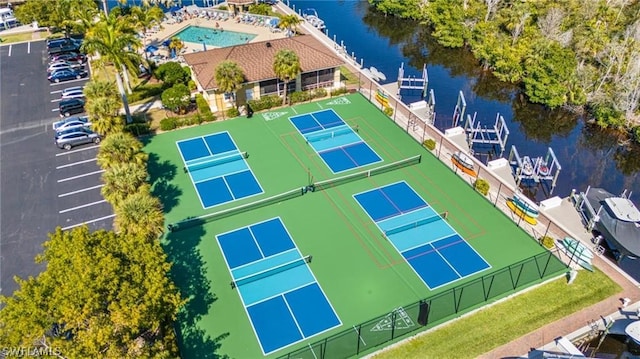 drone / aerial view with a water view