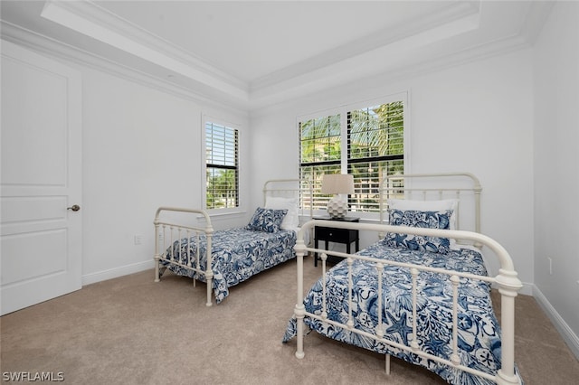 bedroom featuring a raised ceiling, carpet, and crown molding