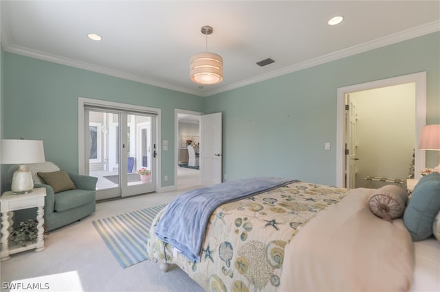 carpeted bedroom featuring crown molding and access to outside