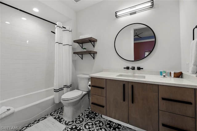 full bathroom with tile patterned floors, toilet, shower / tub combo, and vanity