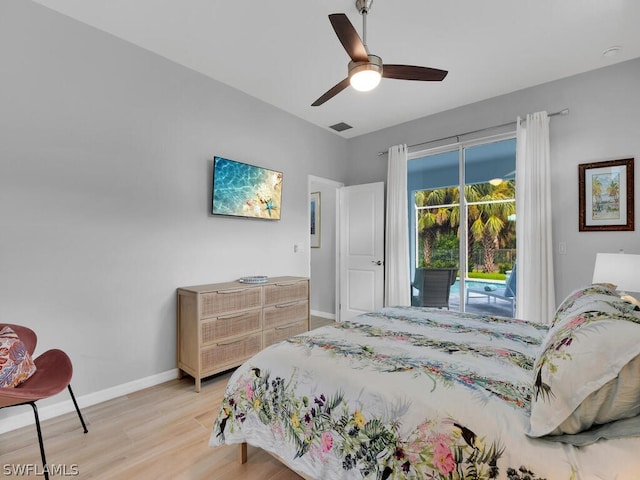 bedroom featuring access to exterior, light wood-type flooring, and ceiling fan