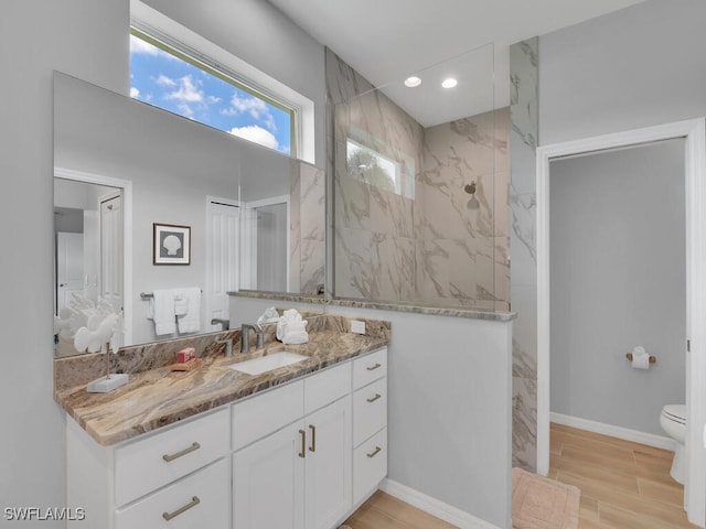 bathroom with vanity, toilet, and a tile shower