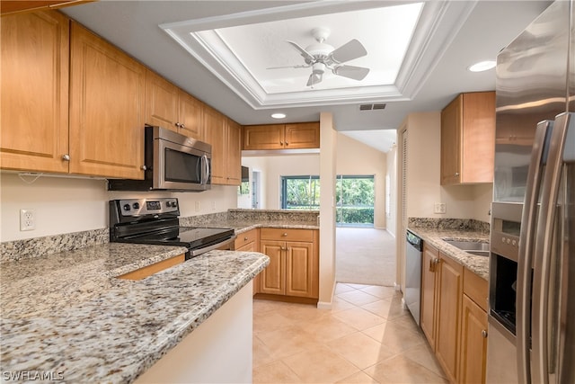 kitchen featuring light carpet, a raised ceiling, ceiling fan, light stone counters, and stainless steel appliances