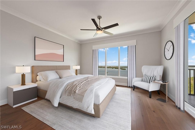 bedroom with hardwood / wood-style floors, a water view, ceiling fan, and ornamental molding