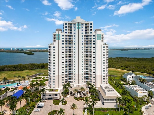 view of building exterior with a water view