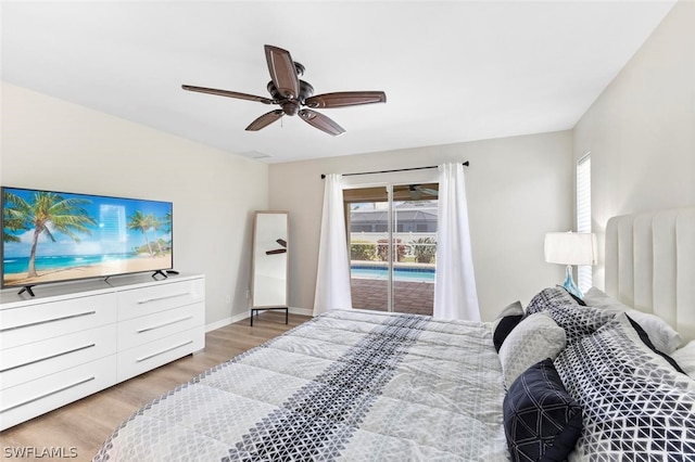 bedroom with ceiling fan, access to exterior, and light hardwood / wood-style floors