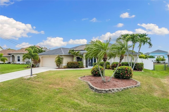 ranch-style home with a garage and a front lawn