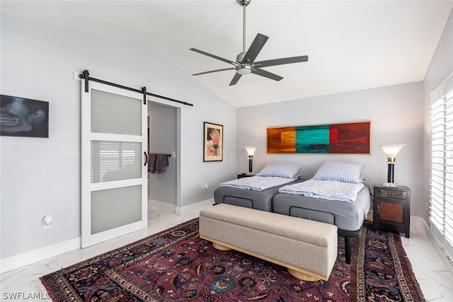 bedroom with a barn door, vaulted ceiling, multiple windows, and ceiling fan