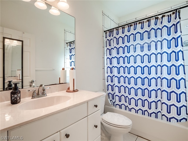 full bathroom featuring tile patterned floors, vanity, toilet, and shower / bathtub combination with curtain