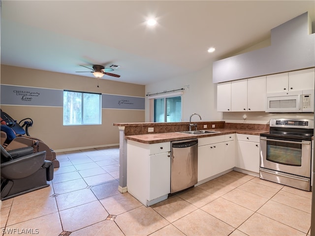 kitchen featuring stainless steel appliances, white cabinetry, sink, kitchen peninsula, and ceiling fan