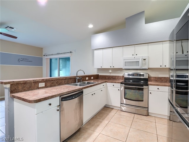 kitchen featuring kitchen peninsula, white cabinets, sink, and appliances with stainless steel finishes