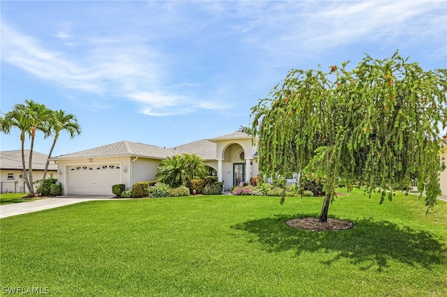 mediterranean / spanish-style house with a front yard and a garage