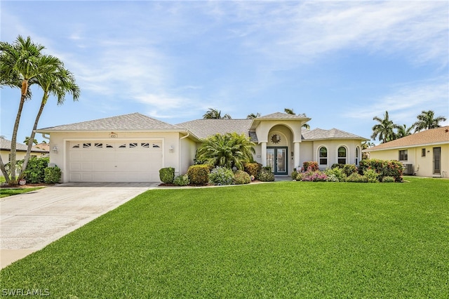 view of front facade with a front yard and a garage