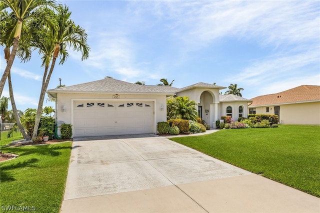 view of front facade with a front yard and a garage