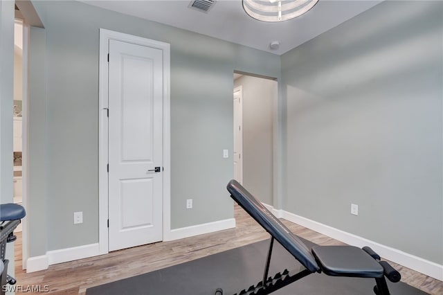 exercise room featuring wood-type flooring