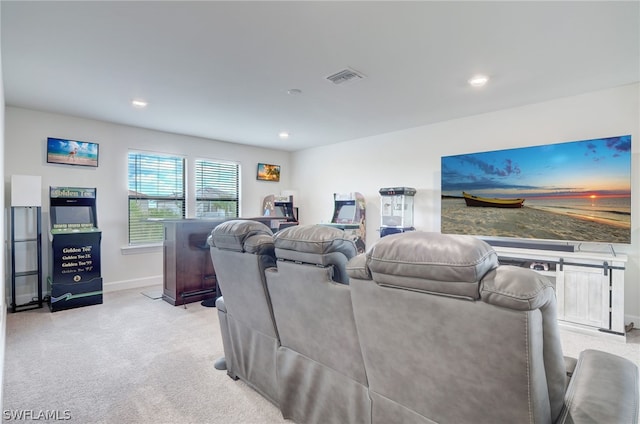 living room with light colored carpet