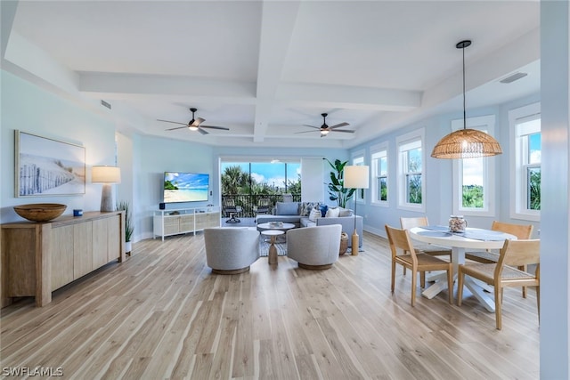 living room featuring beam ceiling, light hardwood / wood-style floors, ceiling fan, and coffered ceiling