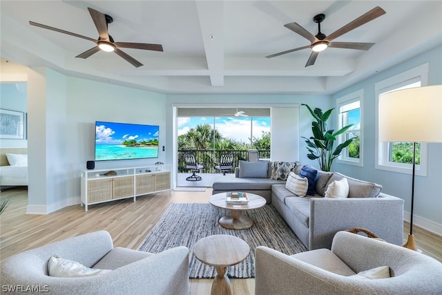 living room featuring beamed ceiling, light hardwood / wood-style floors, and coffered ceiling