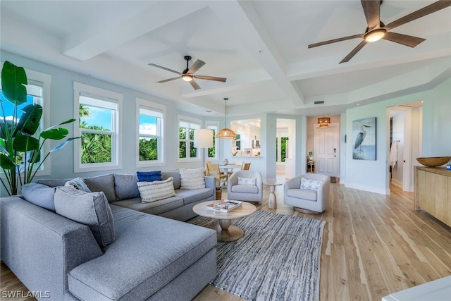 living room featuring beamed ceiling, light hardwood / wood-style floors, and ceiling fan