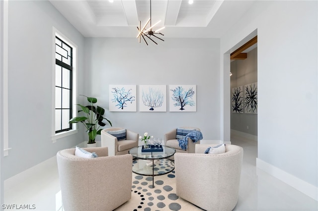 living room featuring an inviting chandelier and beamed ceiling