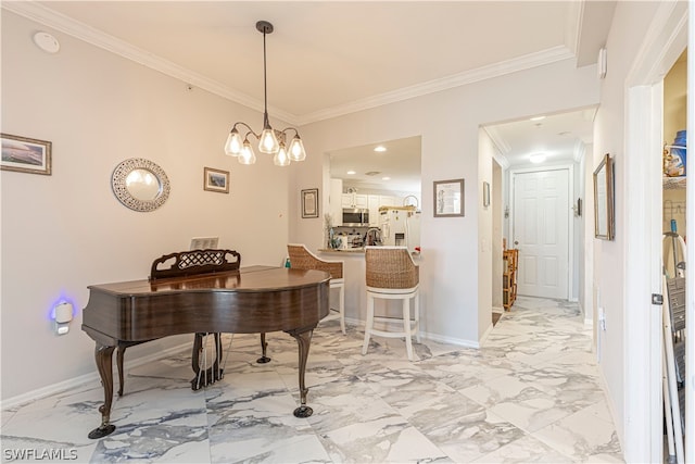 dining room with marble finish floor, baseboards, a chandelier, and ornamental molding