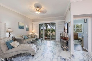 living room featuring tile flooring, ceiling fan, and crown molding