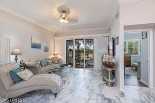 living room featuring marble finish floor, a ceiling fan, and crown molding