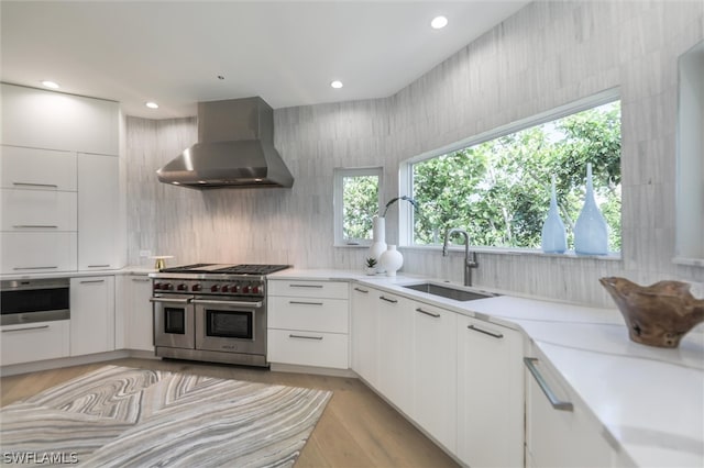 kitchen featuring light hardwood / wood-style floors, wall chimney range hood, sink, white cabinets, and appliances with stainless steel finishes