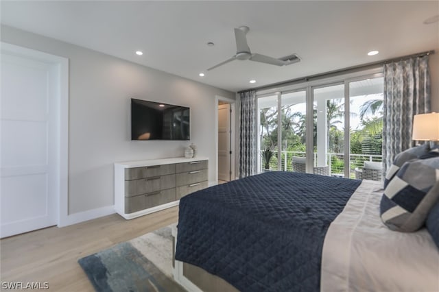 bedroom with ceiling fan, light hardwood / wood-style flooring, and access to outside