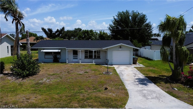 ranch-style home featuring a garage and a front lawn