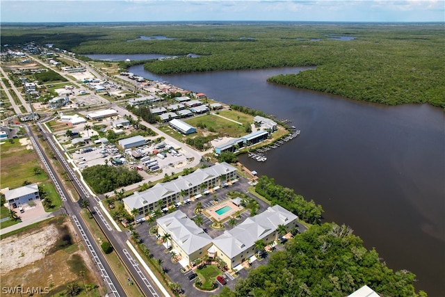 drone / aerial view featuring a water view