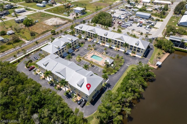 aerial view featuring a water view