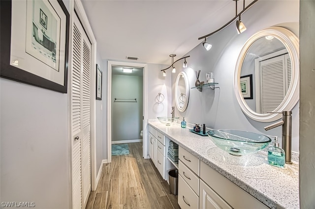 bathroom with hardwood / wood-style flooring, vanity, and toilet