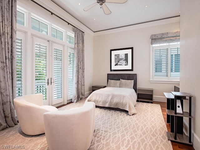 1270 Gulf Shore Blvd S, Naples, FL 34102 - bedroom with access to exterior, recessed lighting, ornamental molding, wood finished floors, and baseboards
