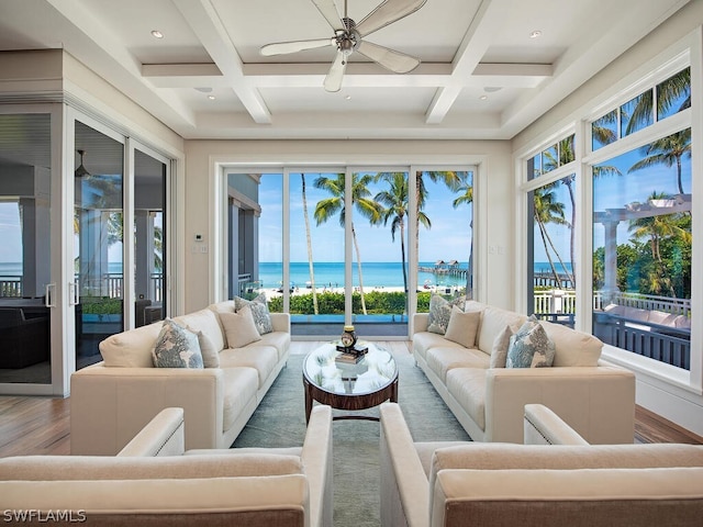1270 Gulf Shore Blvd S, Naples, FL 34102 - sunroom with a water view, coffered ceiling, and beamed ceiling